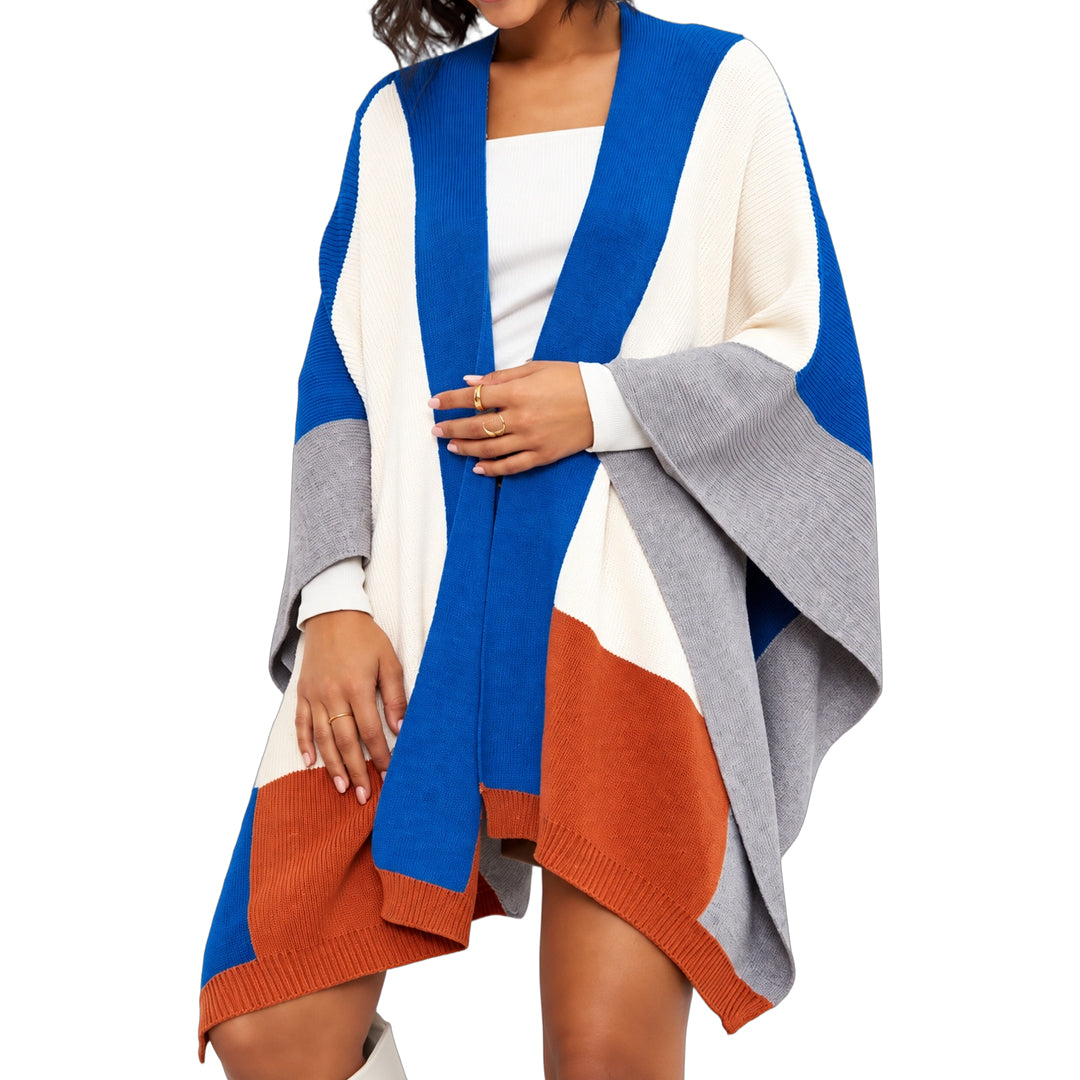 Blue poncho cardigan with orange contrast borders