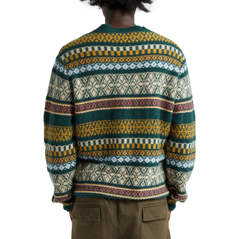 Back view of custom embroidered knit sweater featuring unique pattern design