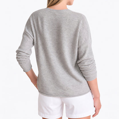 Back view of heather grey crew neck knit sweater