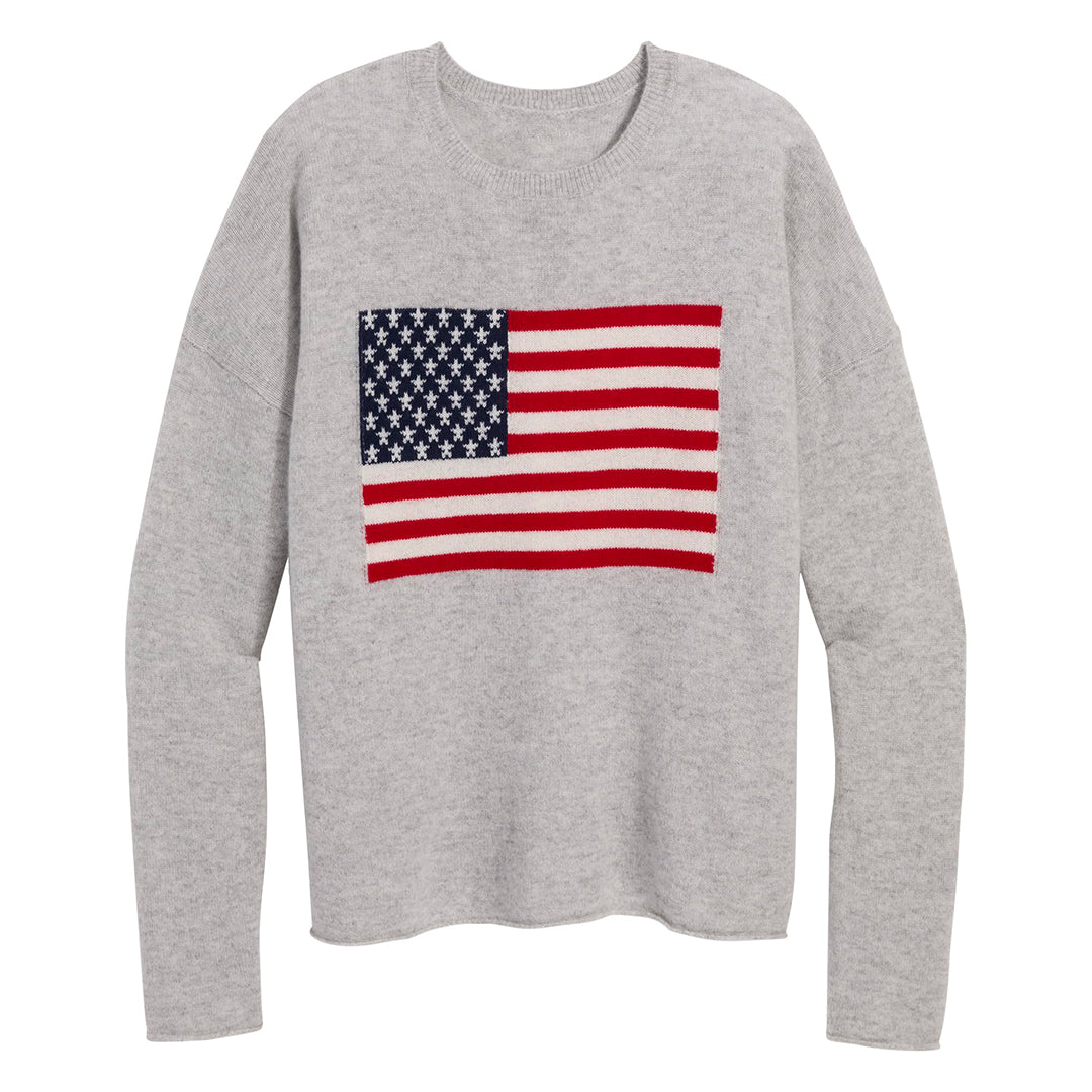 Front flat lay of grey American flag crew neck sweater