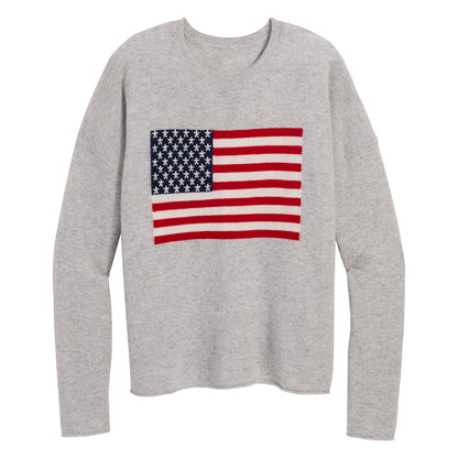 Front flat lay of grey American flag crew neck sweater