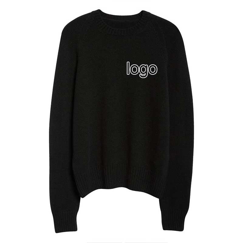 Front view of custom logo men's knit sweater in black, made from 100% cotton