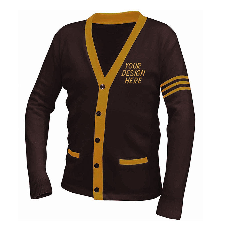 Brown custom groups sweater with unique letter design – crafted by expert cardigan manufacturer