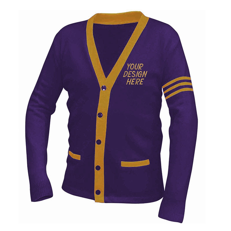 Luxurious purple and gold custom letter cardigan designed for organizations and special events