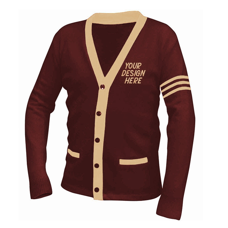 Deep red custom letter cardigan perfect for company groups – premium cardigan manufacturer