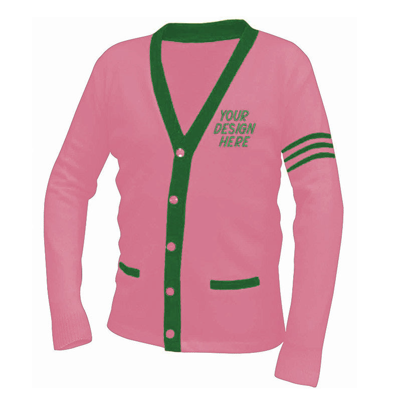 Pink and green custom letter cardigan for sorority groups – OEM knitwear by cardigan manufacturer