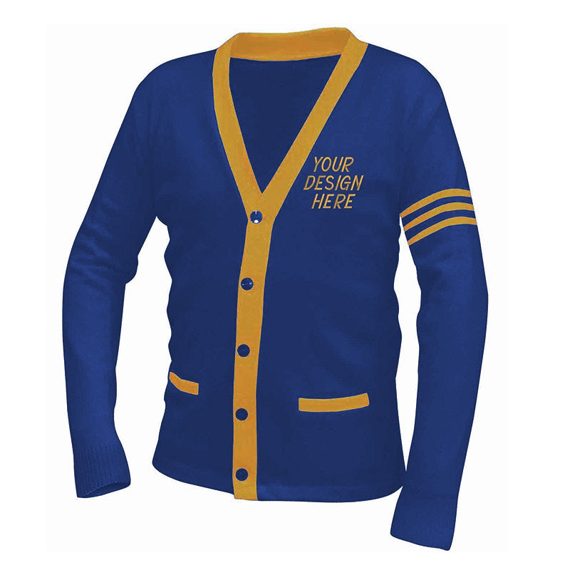 Sophisticated blue and gold custom groups sweater with personalized letter embroidery
