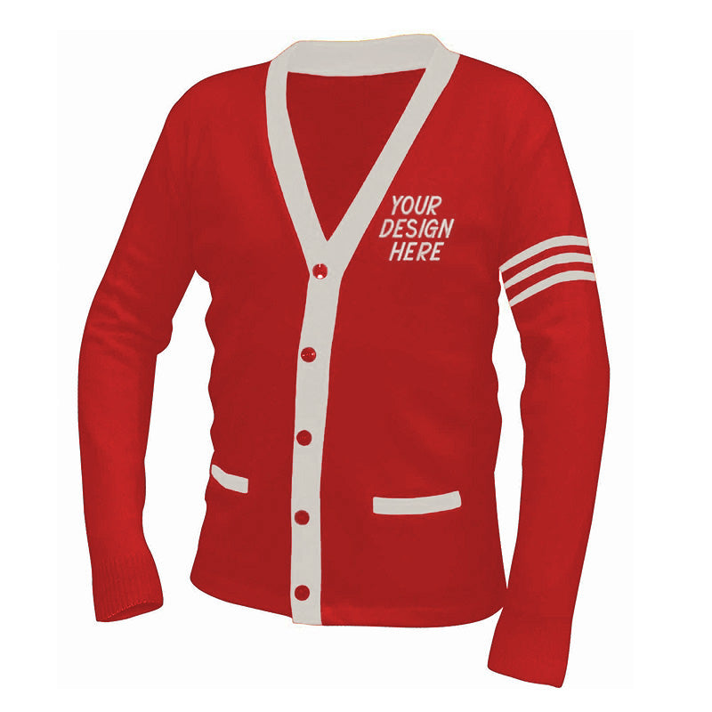 Red & white custom groups sweater featuring elegant embroidered custom letter design