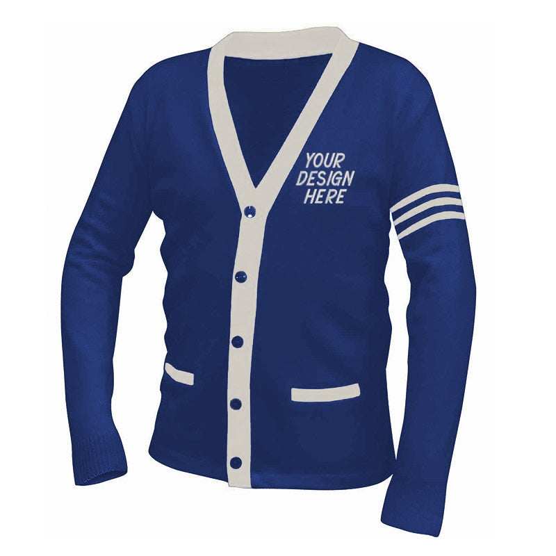 Blue & white custom letter cardigan crafted for organizations – OEM quality design