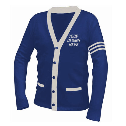 Blue & white custom letter cardigan crafted for organizations – OEM quality design