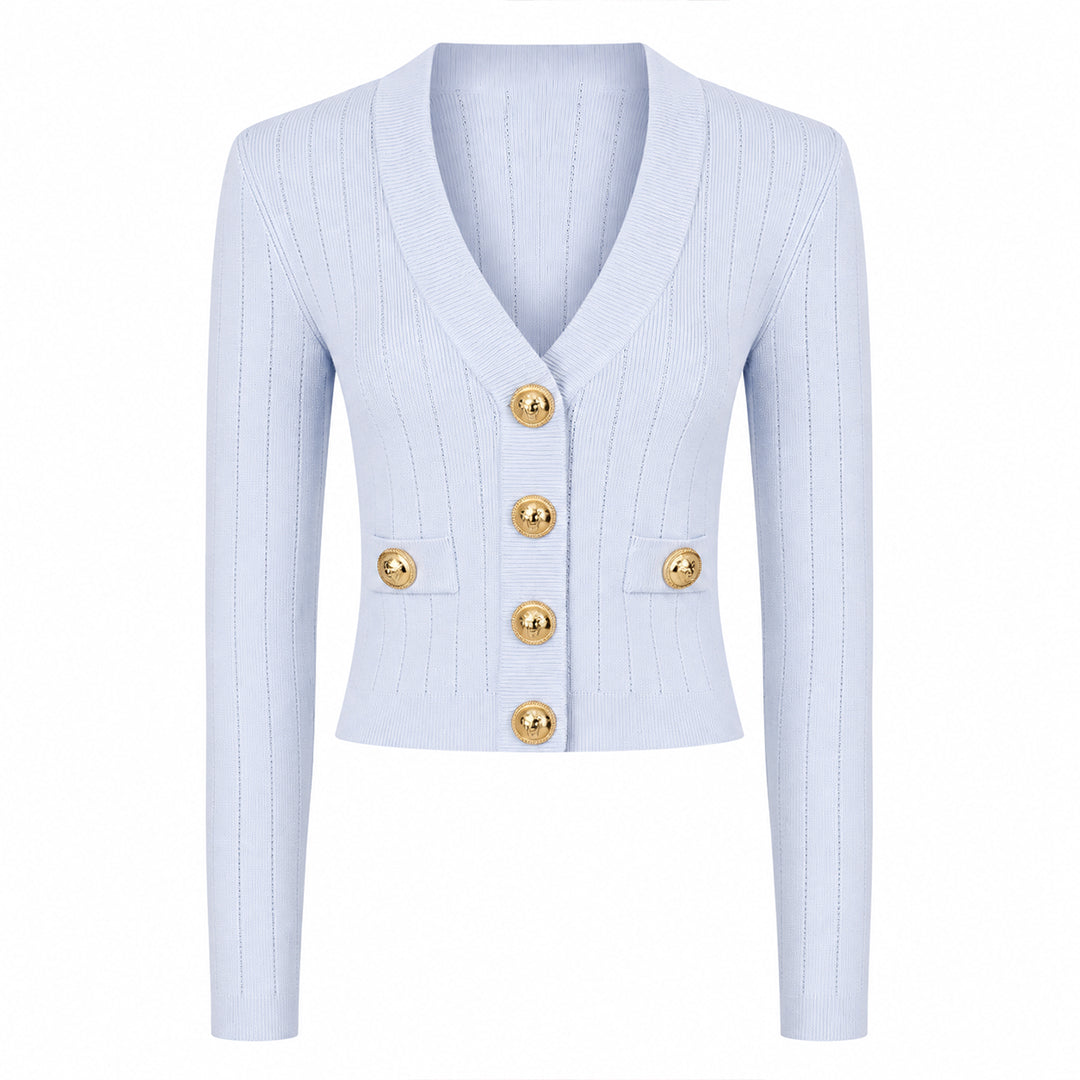 Light blue women's V-neck button-front cardigan