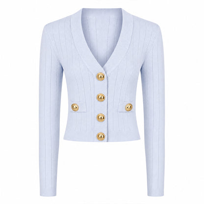 Light blue women's V-neck button-front cardigan