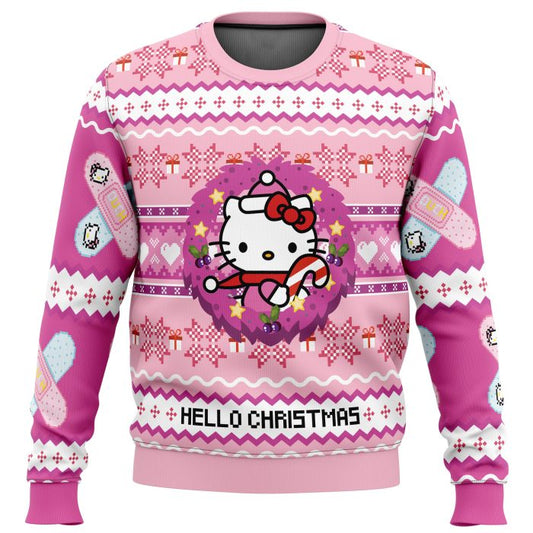 Custom Logo Knitted Ugly Christmas Pink Sweater Hello Kitty 100%cotton