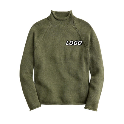 Custom olive green roll neck knit sweater with a logo, perfect for OEM/ODM manufacturing.