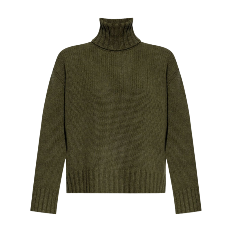 Flat lay view of an olive green wool blend turtleneck sweater with ribbed hem and cuffs.