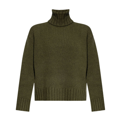 Flat lay view of an olive green wool blend turtleneck sweater with ribbed hem and cuffs.