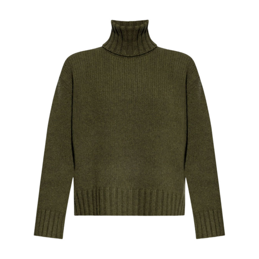 Flat lay view of an olive green wool blend turtleneck sweater with ribbed hem and cuffs.