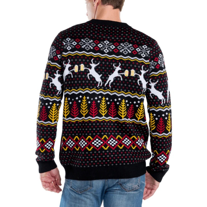 Rear view of a colorful ugly Christmas sweater showcasing reindeer, snowflakes, and geometric patterns. The sweater has a black background with red, yellow, and white accents.