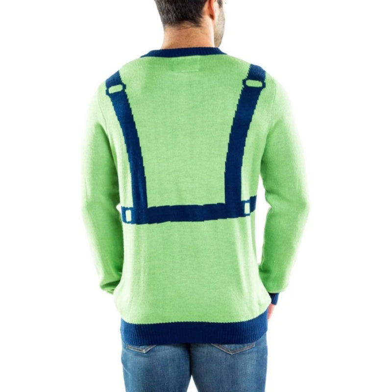 Back view of a custom ugly Christmas sweater in green with a blue strap design resembling a baby carrier.