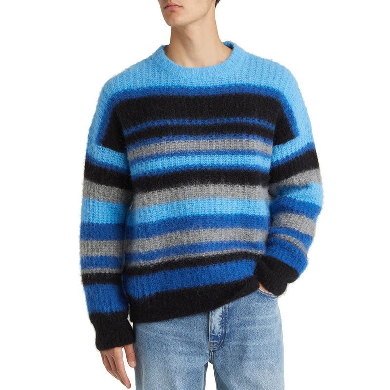 Model wearing custom striped mohair knit crew neck pullover sweater