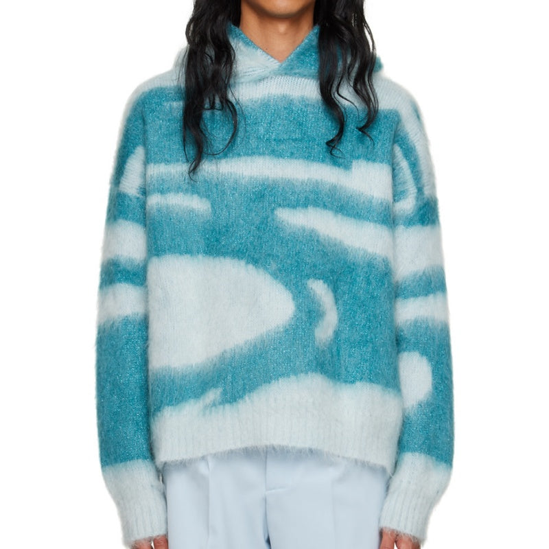 Men's luxury mohair hooded sweater in light blue with abstract patterns