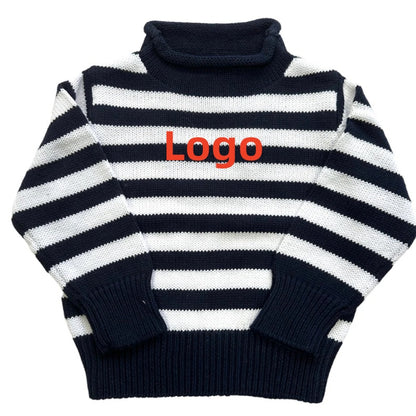 Wholesale Custom Baby Sweater Rollneck Striped 7GG Chunky Unisex Knit Pullover 100%Organic Cotton