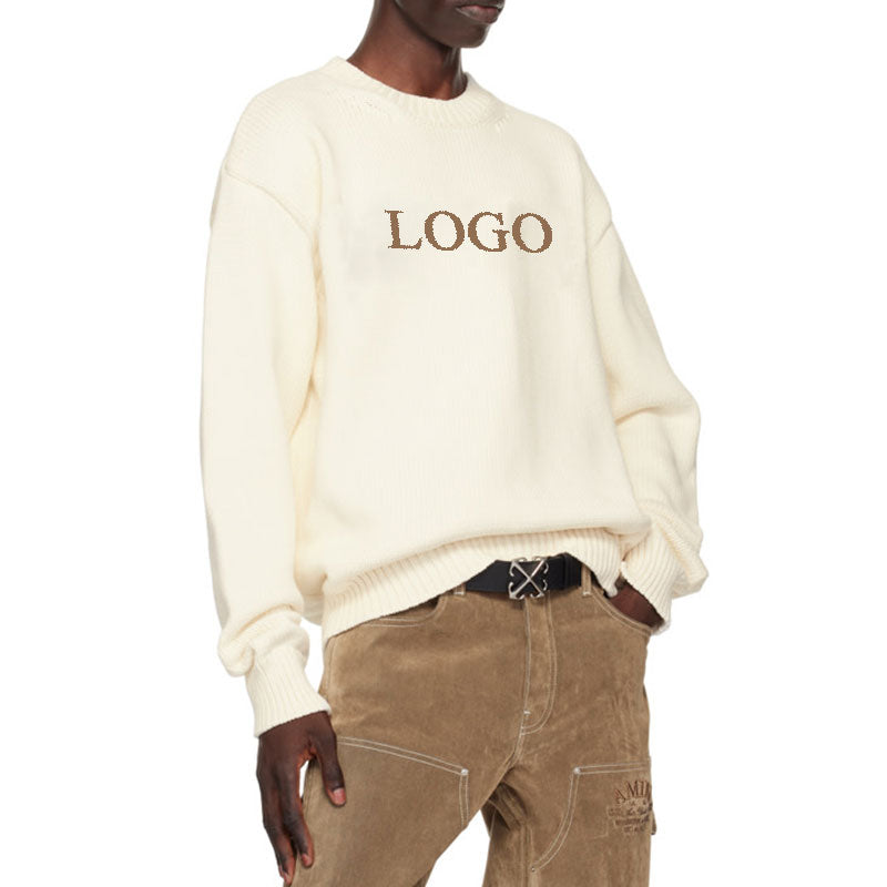 Side view of a custom off-white cashmere knit sweater with 'Logo' text on the chest, featuring a relaxed fit and casual style.