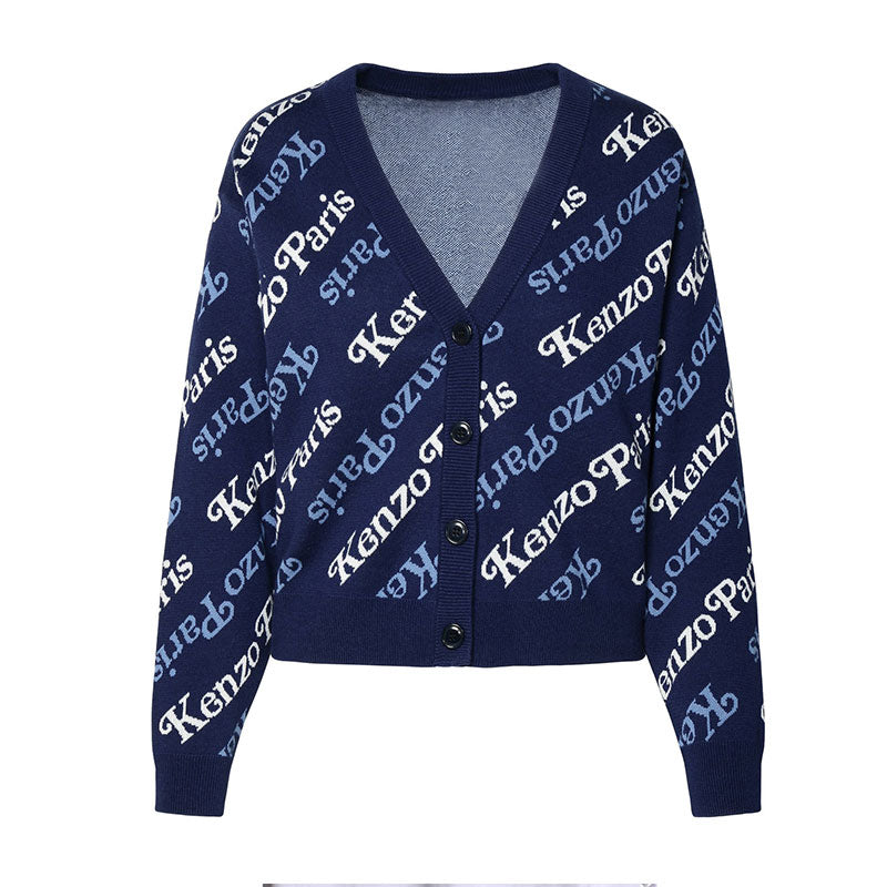 Custom Wholesale 100% Cotton Women's Knit Cardigan Sweater with V-neck and Letter Pattern