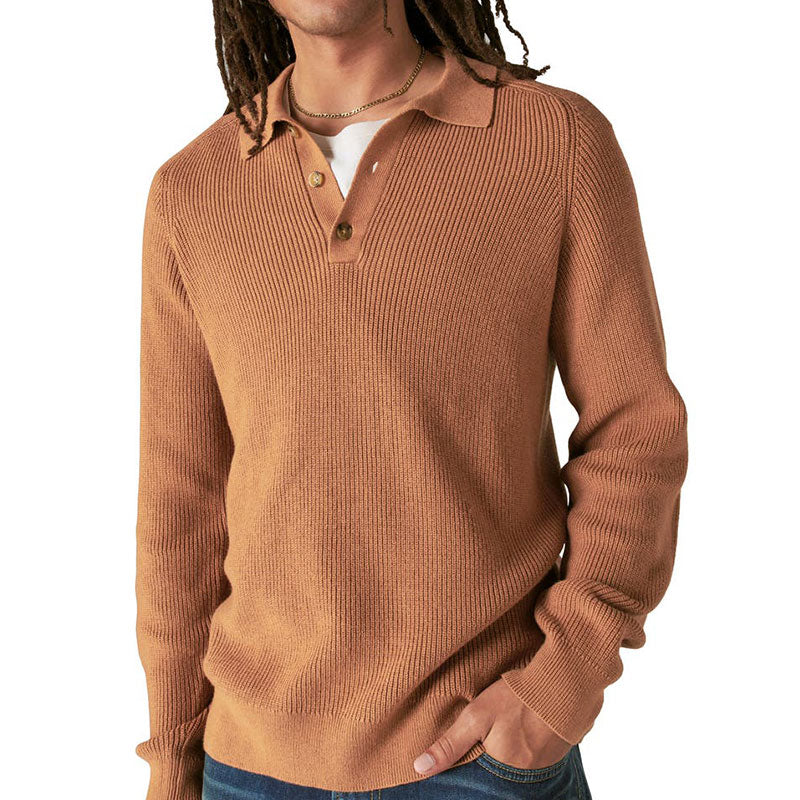 Man wearing a camel-colored ribbed knit polo sweater, showcasing the front view. The sweater features a button placket and a polo collar.