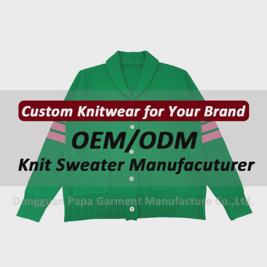 Video showcasing a custom Greek life cardigan in full view, with close-up shots of the knit texture, shawl collar, sleeve stripes, ribbed hems, and white buttons – ideal for fraternities, sororities, and other group customization needs from a professional cardigan manufacturer.