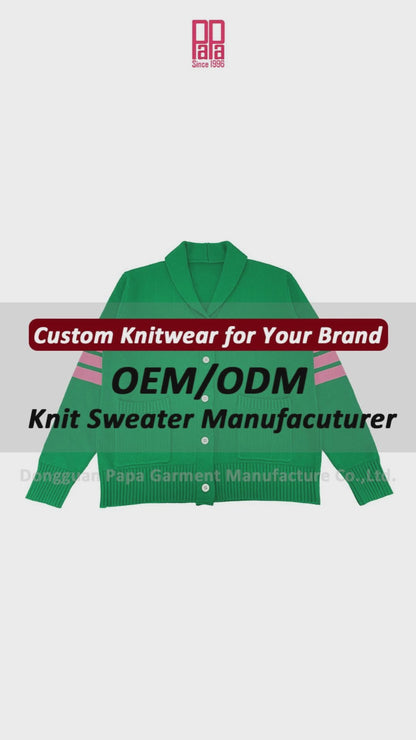 Video showcasing a custom Greek life cardigan in full view, with close-up shots of the knit texture, shawl collar, sleeve stripes, ribbed hems, and white buttons – ideal for fraternities, sororities, and other group customization needs from a professional cardigan manufacturer.
