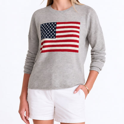 Heather grey crew neck sweater with American flag chest graphic