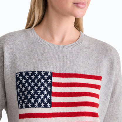 Close-up of American flag graphic on grey knit fabric