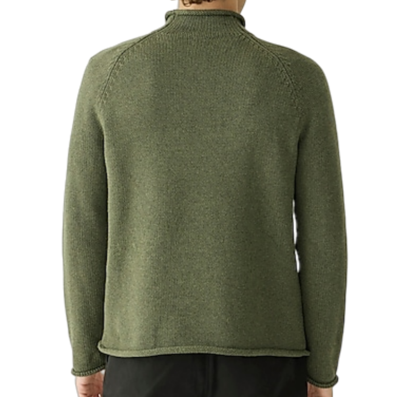 Back view of a custom olive green knit sweater with a roll neck, suitable for OEM/ODM manufacturing.