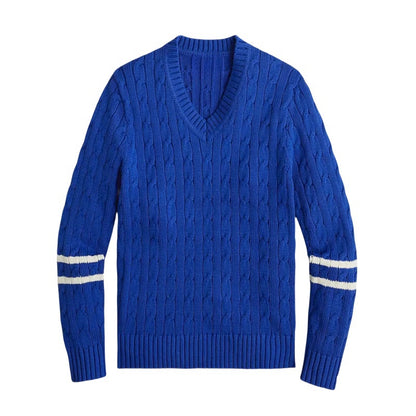 Wholesale Custom Man Knit Sweater V-neck Striped Long Sleeve Pullover Cotton Blend