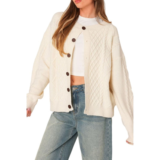 Custom wool blend knit sweater in cream color with intricate cable knit patterns, featuring a button-up front.
