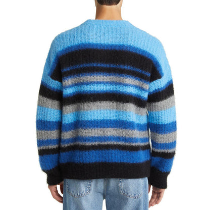 Back view of custom striped mohair knit crew neck pullover sweater in blue and grey