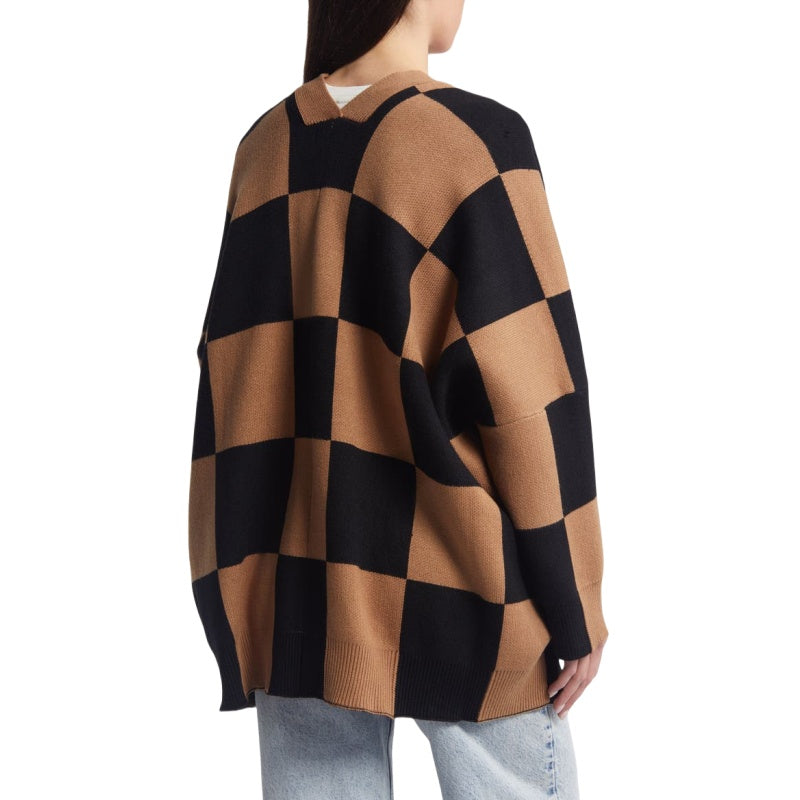 Back view of a custom 100% cotton women knit sweater with a black and brown checkerboard pattern, highlighting the relaxed and comfortable design.