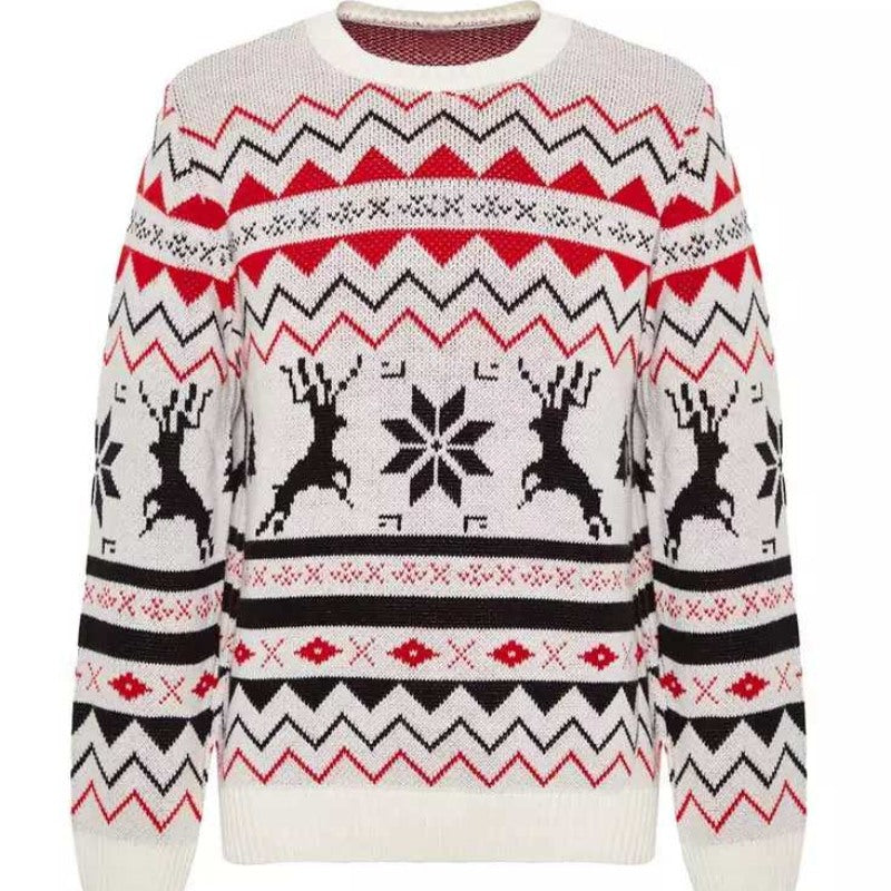 Custom 100% cotton men's sweater with a festive reindeer and snowflake pattern in red, black, and white. The sweater is perfect for holiday collections, combining comfort and seasonal style.