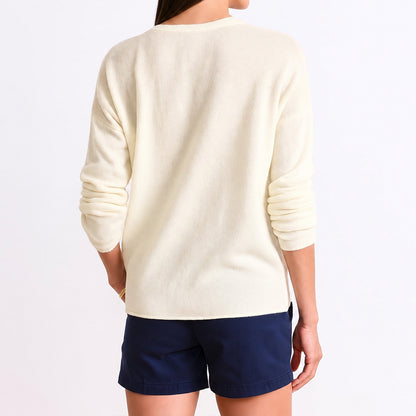 Back view of cream long sleeve crew neck sweater