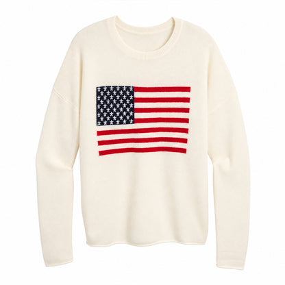 	Front flat lay of cream crew neck sweater with American flag motif