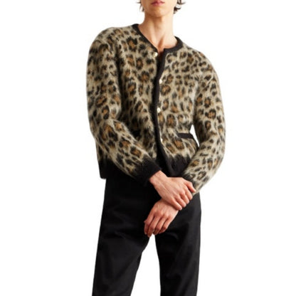 Wholesale Custom Man Knit Sweater Brushed Leopard Jacquard V-Neck Button-Up Sweate Wool Blendr