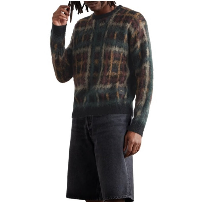 Wholesale Custom Men's Knit Cardigan  Brushed Plaid Jacquard Crew Neck Sweater Wool Mohair Blend