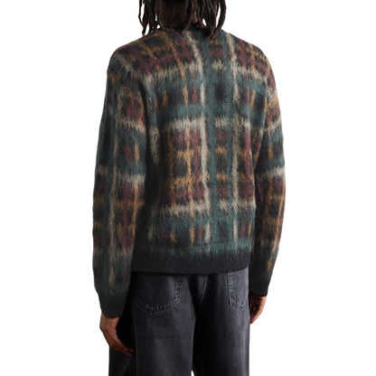 Wholesale Custom Men's Knit Cardigan  Brushed Plaid Jacquard Crew Neck Sweater Wool Mohair Blend