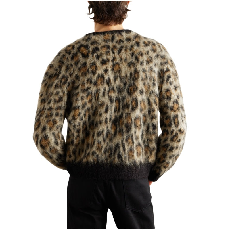 Wholesale Custom Man Knit Sweater Brushed Leopard Jacquard V-Neck Button-Up Sweate Wool Blendr