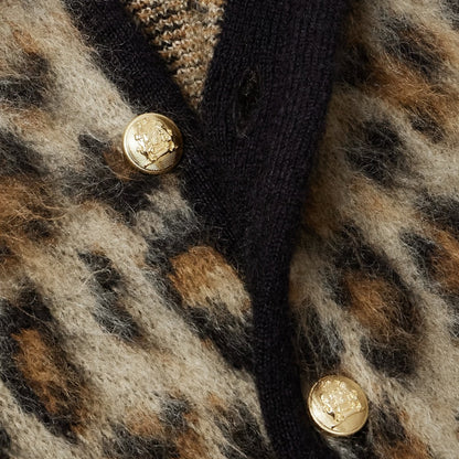 Wholesale Custom Man Knit Sweater Brushed Leopard Jacquard V-Neck Button-Up Sweate Wool Blendr