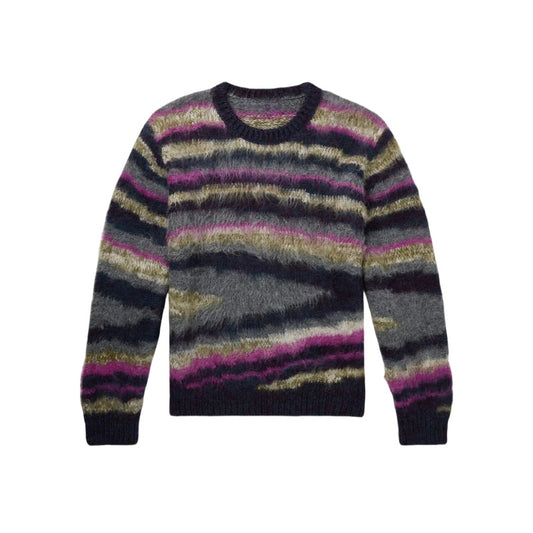 Wholesale Custom Man Knit Sweater Oversize Round Neck Casual Striped Pullover Fuzzy Mohair