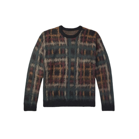 Wholesale Custom Men's Knit Cardigan  Brushed Plaid Jacquard Crew Neck Sweater Wool Mohair Blend